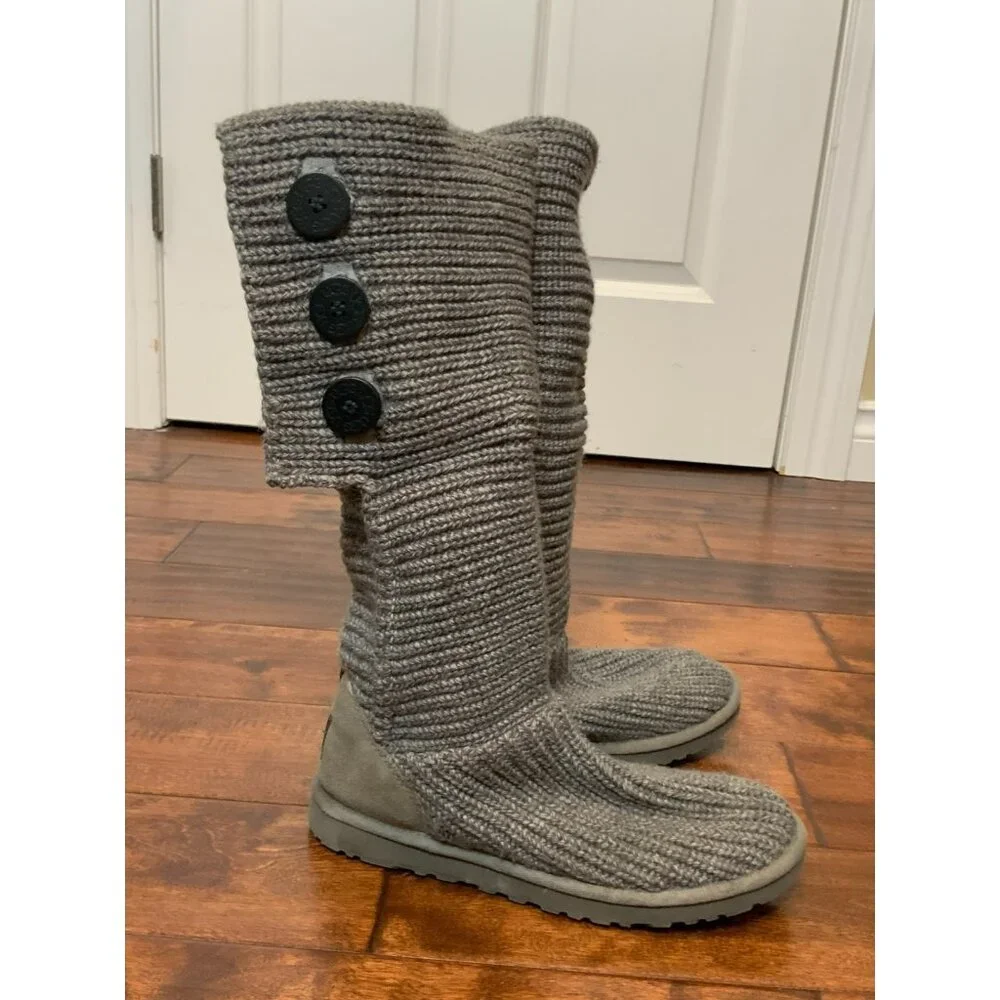 Ugg Australia Gray Classic Cardy Knee High | Fold Over Boots W/ Buttons, Size 9